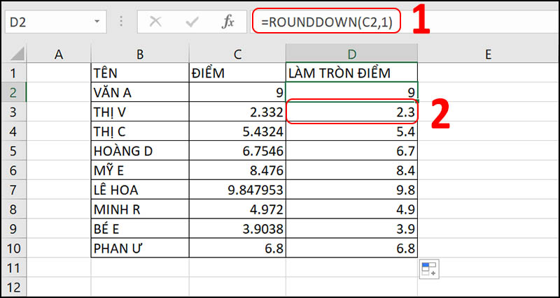 H&agrave;m ROUNDDOWN